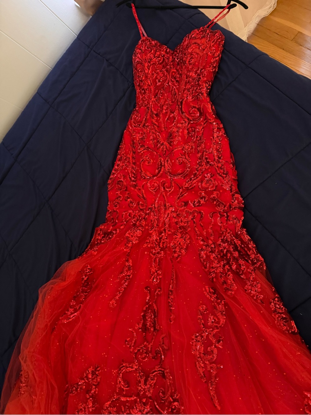 Red Beaded Lace Mermaid Prom Dress